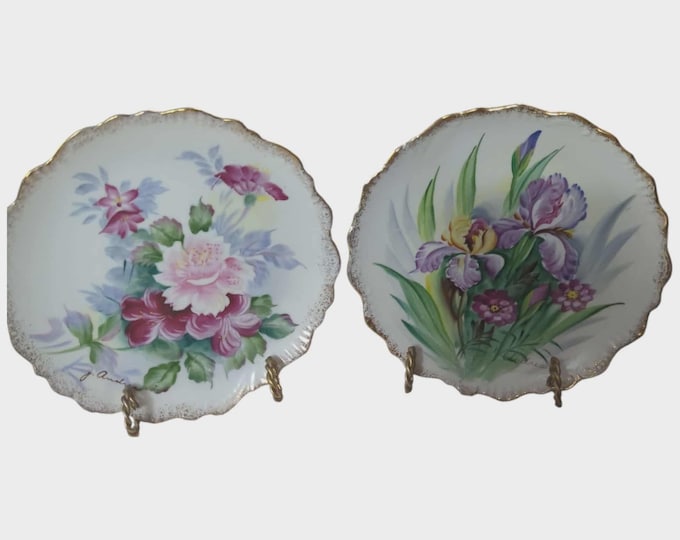Vintage Floral Porcelain Decorative Plates (2) Hand Painted Floral Design Gold Trim