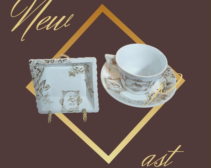 Staffordshire Antique Brown and White Transferware Cup Saucer and Butter Pat Victoria