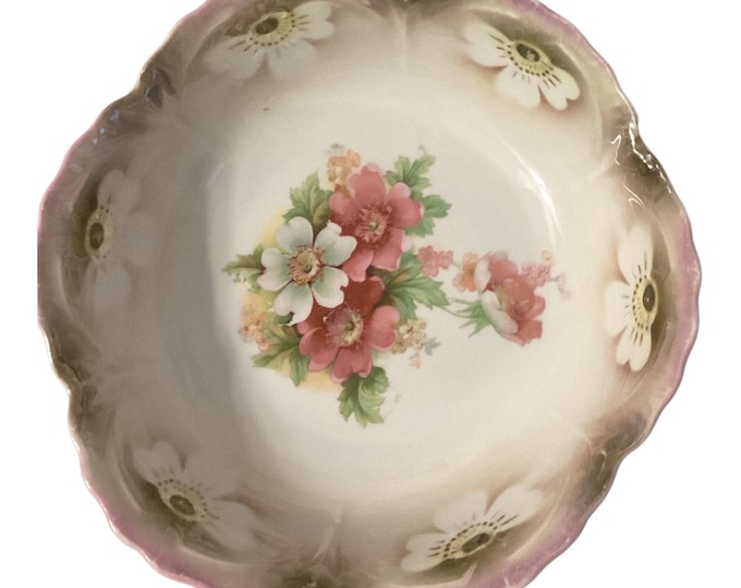 Delightful Vintage German Floral Pattern 9" Scalloped Serving Bowl