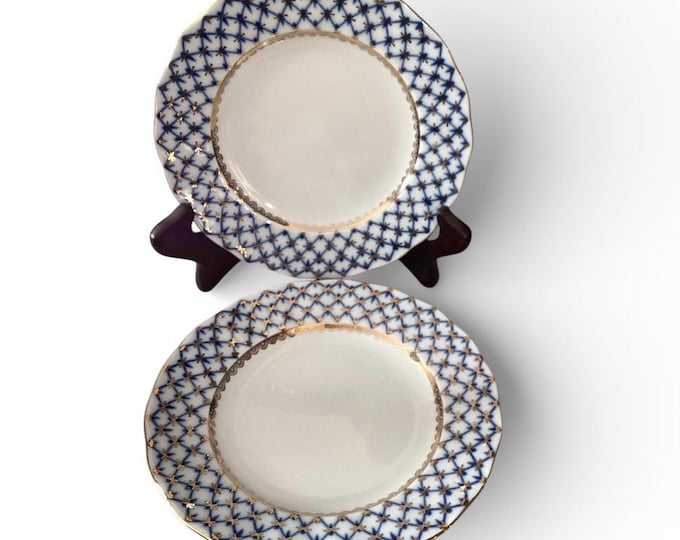 Lomonosov Imperial Porcelain salad dessert plates in the "Cobalt Net" pattern 8” 22k