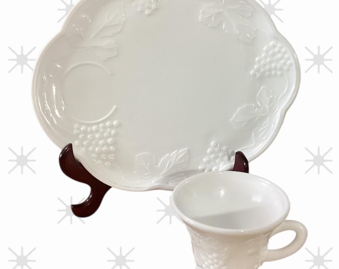 Vintage Milk Glass Dessert Set – Raised Grape Tableware, Set of 2
