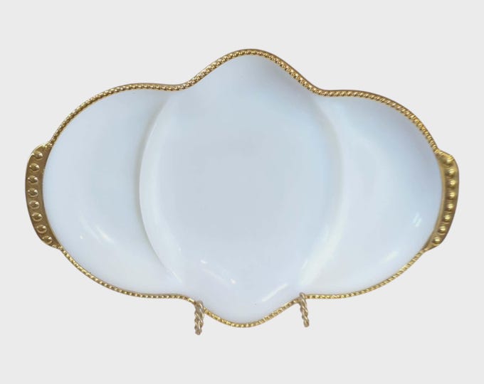 Vintage Fire King Anchor Hocking Milk Glass Relish Tray Divided Dish with Gilded Trim