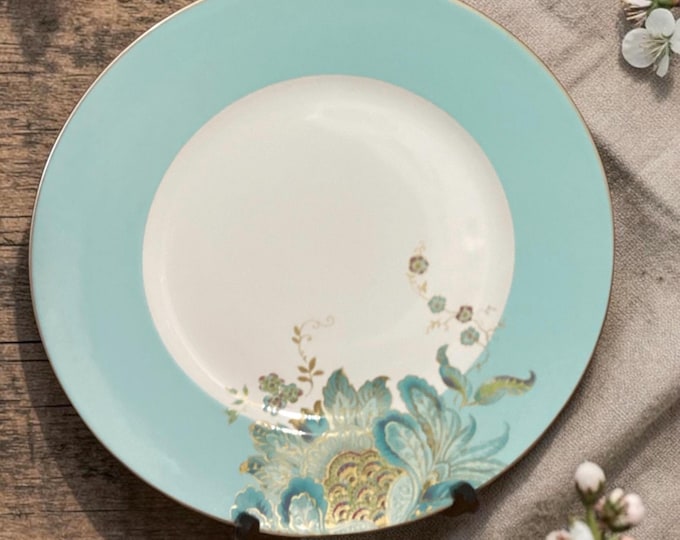222 Fifth Eliza Teal Dinner Plate: Floral Peacock Feather Porcelain Replacement 11 inch