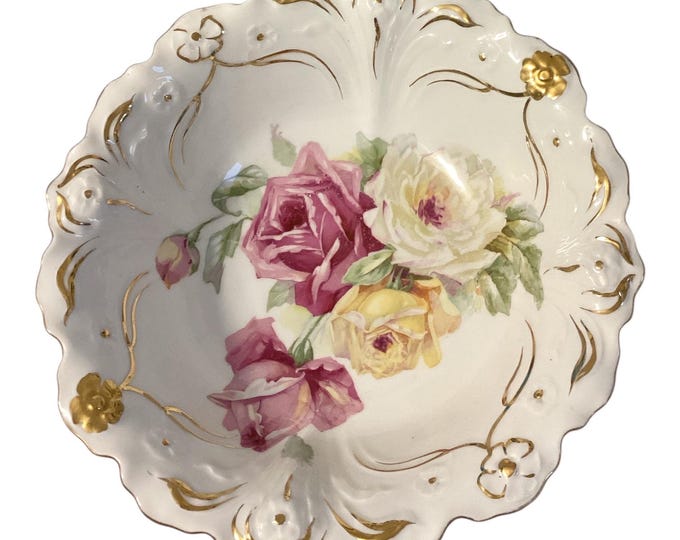 Antique German Porcelain Serving Bowl: Hand Painted Floral Transferware, Gold Gilding, Scalloped Edge