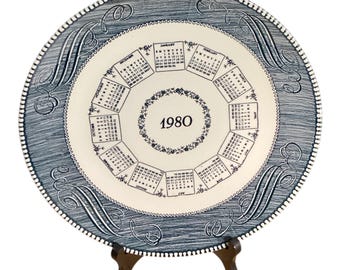 Vintage Calendar Decorative Plates | Blue & White Transferware Style | Retro Wall Plate | Mid-Century Home Decor