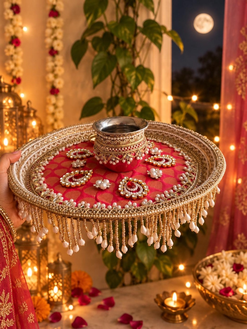 May include: A round decorative tray featuring a vibrant pink fabric center with a repeating pattern, adorned with gold metallic trim, faux pearls, and teardrop-shaped embellishments. A matching small metal pot sits in the center of the tray.
