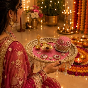 May include: A round decorative tray with a pink fabric center, gold metallic trim, and hanging beaded fringe. The tray holds a small gold oil lamp, a pink dome-shaped container with pearl and stone embellishments, and several matching circular accents.