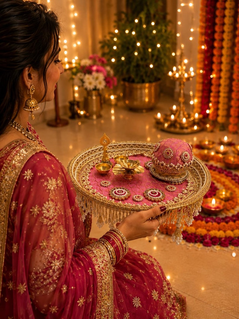 May include: A round decorative tray with a pink fabric center, gold metallic trim, and hanging beaded fringe. The tray holds a small gold oil lamp, a pink dome-shaped container with pearl and stone embellishments, and several matching circular accents.
