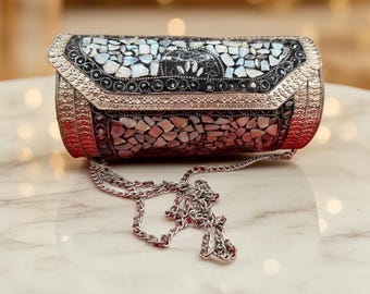 Handmade Mosaic Round Clutch/Bag – Modern Evening Style Chain Hanging Metal Purse