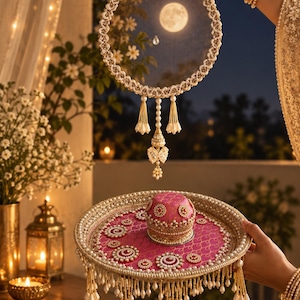 May include: A circular mesh sieve decorated with white pearls and gold beads, featuring hanging pearl tassels. Below, a round pink tray with gold patterns, pearl-encrusted borders, and a central pink dome, finished with dangling pearl fringe.
