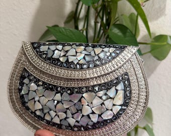Handmade Silver Mosaic Mother of Pearl Vintage Clutch