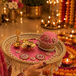 May include: A round decorative tray featuring a pink fabric base with gold lace trim and hanging pearl beads. The tray holds a pink dome-shaped container adorned with pearls and gold accents, alongside small brass oil lamps and floral motifs.