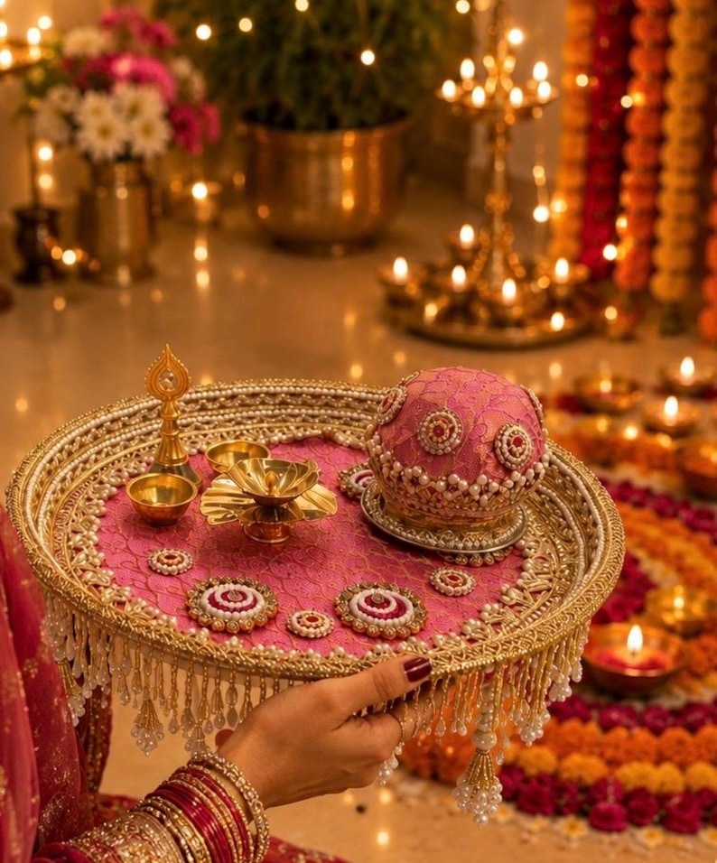 May include: A round decorative tray featuring a pink fabric base with gold lace trim and hanging pearl beads. The tray holds a pink dome-shaped container adorned with pearls and gold accents, alongside small brass oil lamps and floral motifs.