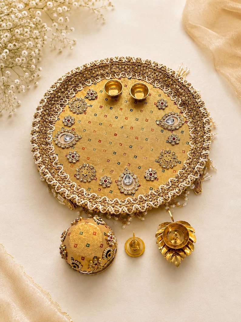 May include: A circular gold-toned decorative tray featuring a textured fabric surface with small multi-colored square patterns, embellished with ornate floral-shaped metal accents, clear teardrop-shaped stones, and a wide, intricate lace border.