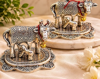 German Silver Kamdhenu Cow & Calf Idol – Prosperity Pooja Favor