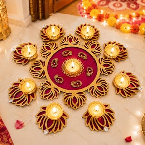 May include: A circular magenta centerpiece featuring a gold-toned lotus-shaped border with eight matching lotus-shaped candle holders arranged around it. Each holder contains a lit tea light candle, with one additional candle in the center.