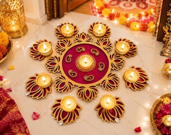 May include: A circular magenta centerpiece featuring a gold-toned lotus-shaped border with eight matching lotus-shaped candle holders arranged around it. Each holder contains a lit tea light candle, with one additional candle in the center.