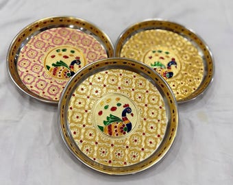 Meenakari Steel plates for Return favors  for Pooja, Navaratri , Diwali, Housewarming 7 inch