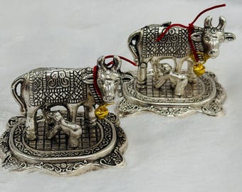 German Silver Kamdhenu Cow & Calf Idol – Prosperity Pooja Favor