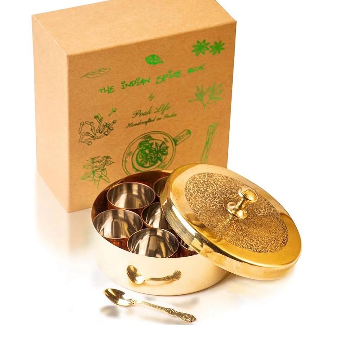 Brass Masala Dabba: Handcrafted Indian Spice Box with 7 Containers