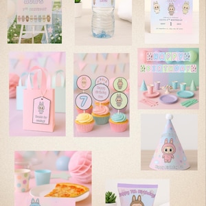 Labubu Birthday Party Bundle | Editable Digital Download | Printable Labubu Party Decor | Invitation, Hat, Chip Bag & More