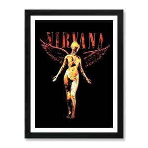 May include: Framed art print with the word "NIRVANA" in orange above a nude figure with angel wings. The figure is in a golden hue against a black background. The print is in a black frame.