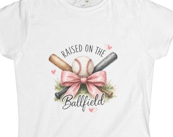 Raised on the Ballfield T-Shirt | Baseball Bat & Glove Graphic, Floral Ribbon