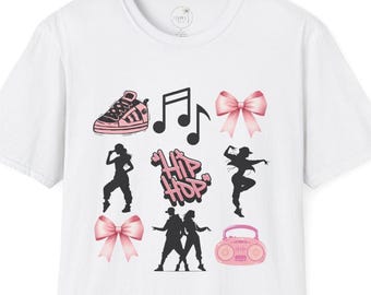 Pink Hip Hop Icons T-Shirt | Dance, Boombox, Sneakers, Music Notes