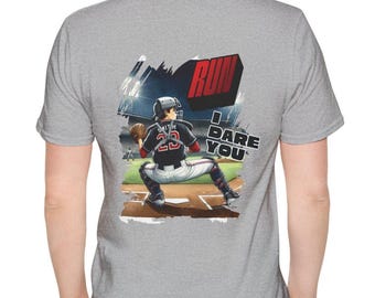 Run I Dare You' Back Graphic Baseball Runner T-Shirt Youth Player Illustration