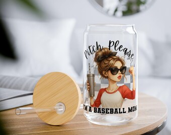 Baseball Mom Sipper Glass: 16oz Sports Drinkware with Bamboo Lid