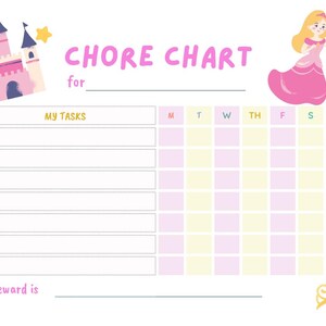Princess Chore Chart for Girls | Printable Kids Chore Chart PDF | Fun & Whimsical Weekly Reward Chart | Instant Download