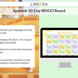 Spanish 30-Day BINGO Board • Kickstart your Spanish journey! • Construye tus habilidades en Español • Lang.-Learning Resources • Beginners