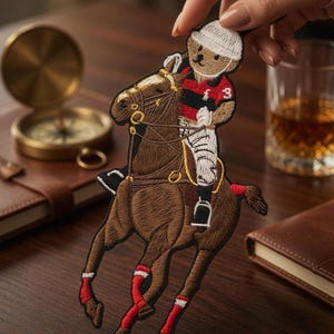 Può includere: Toppa ricamata raffigurante un orsacchiotto giocatore di polo su un cavallo marrone. L'orso indossa una polo rossa e nera e un casco bianco. La toppa ha il testo "Coretrims" in basso.