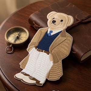 Preppy Teddy Bear Patch – Blazer Sweater Vest White Pants Embroidered Iron-On Appliqué, Classic Gentleman Bear