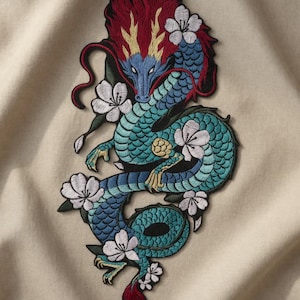 Large Embroidered Chinese Dragon Patch: Blue Dragon, Red Mane Floral Applique