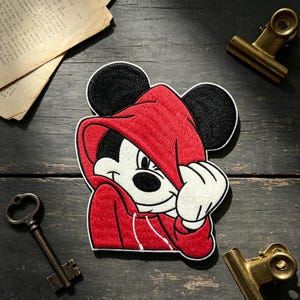 Coole hoodie Mickey strijkpatch, cartoonmuis borduurpatch, doe-het-zelf decoratie voor jas of rugzak, grote geborduurde applicatiepatch