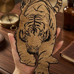 Peut inclure: Écusson brodé d'un tigre aux tons beige et noir, avec des détails complexes. Le patch est présenté sur une surface en bois. Le texte "Coretrims" et "aspect_ratio: 1:1" sont visibles en bas.