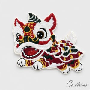 Chinese Lion Dance Iron On Patch, Traditional Fu Lion Embroidery Patch, Lucky CNY Applique, Sew On Patch for Jacket Bag, Good Luck Decor