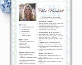 Sorority Resume Template, Blue and Green Floral Design, Canva Editable (Digital Download)