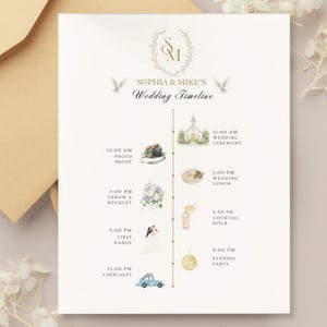 May include: A white wedding timeline card featuring the text Sophia & Mike's Wedding Timeline, a gold monogram, and watercolor illustrations of a church, camera, lunch, bouquet, cocktail, couple dancing, disco ball, and a blue car along a central line.