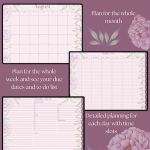 May include: A digital planner for August 2025 to May 2026. The planner includes monthly, weekly, and daily layouts. The design features floral accents and the text "August 2025 - May 2026 Digitial Planner". The planner allows for detailed planning with time slots.