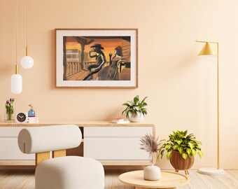 Vintage Cowboy Sunset Print, Rustic Western Wall Art