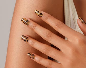Leopard Print Gold Chrom Pressnägel | Acryl Quadrat Nagel Set