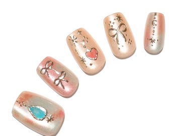 30 Stück Rosa Romantische Bogen & Herz Nägel Aufpress-Nägel | Rosa Perlennägel süsses Girly Press On Nails | Wiederverwendbare Künstliche Nägel Set Stern Herz Nägel