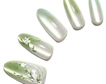 30 Stück elegantes grünes Ombre Press On Nails mit handbemaltem Blumenmuster - Lange Mandel-Minzblume Wiederverwendbares und einfach anzuwendendes Maniküre-Set