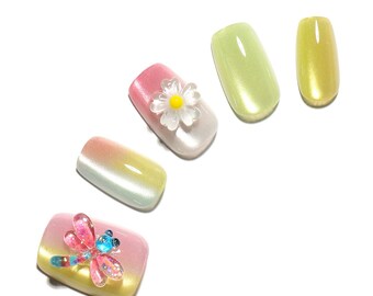 30 pieces Pastel Gradient Press On Nails with 3D Daisy & Dragonfly – Spring Summer Cute Acrylic Nails, Colorful Nature Nail, Handmade Nails