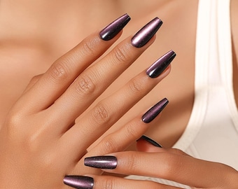 Ongles à presser longs violets 30 pièces | Ongles magnétiques chromés brillants | Faux ongles brillants cercueil, paillettes violettes prunes sur les ongles, ongles tendance