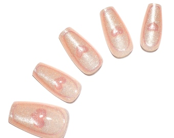 30 uñas postizas reutilizables con lazo romántico y corazón rosa / Uñas postizas con perla rosa / Uñas postizas reutilizables con forma de corazón y estrella