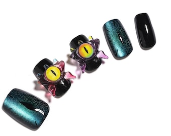 30 Stück Cat Eye 3D Monster Press On Nägel - Handgefertigte Schwarze & Grüne Galaxy Nägel mit Spooky Eye Design, Gothic Halloween Fake Nails Emo