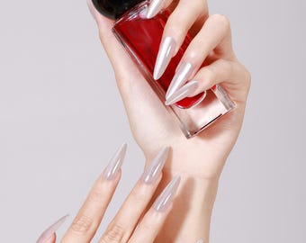 30 Stück champagnerfarbene nude schimmernde Pressenägel, Stiletto beige Nägel, glänzendes Perlenfinish, falsche Nägel für Salonqualität rosa Nägel